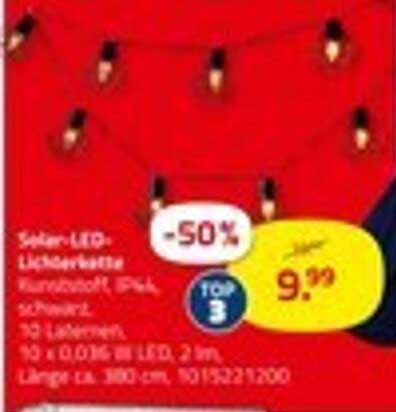 Solar-LED-Lichterkette Rundkopf, IP44, schwarz