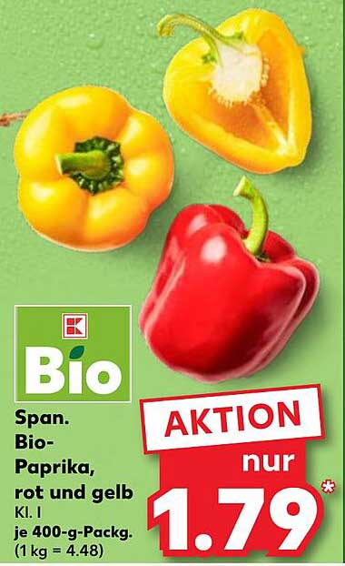 Span. Bio-Paprika, rot und gelb Kl. I je 400-g-Pack.
