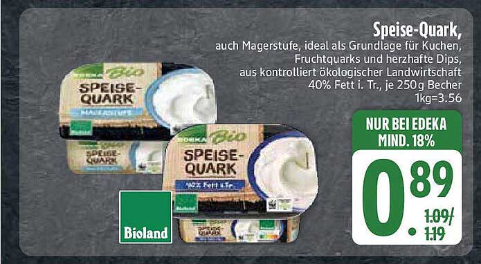 Speise-Quark - Bioland, 250g Becher für nur 0,89 €