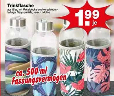 Trinkflasche aus Glas mit Metalleinsatz und Neoprenhülle, verschiedene Motive