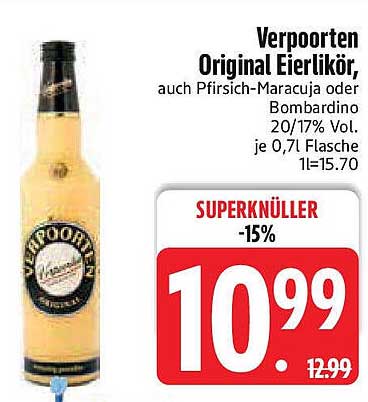 Verpoorten Original Eierlikör, auch Pfirsich-Maracuja oder Bombardino 20/17% Vol., je 0,7l Flasche