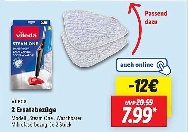 Vileda 2 Ersatzbezüge für Dampfmop "Steam One" – Waschbarer Mikrofaserbezug