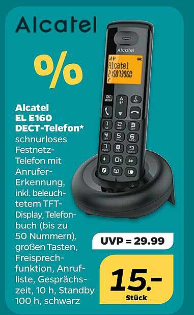 Alcatel EL E160 DECT-Telefon* schnurloses Festnetz-Telefon mit Anrufer-Erkennung, inkl. beleuchtetem TFT-Display, Telefonbuch (bis zu 50 Nummern), großen Tasten, Freisprechfunktion, Anrufliste, Gesprächszeit, 10 h, Standby 100 h, schwarz