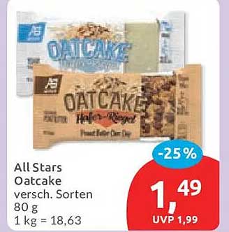 All Stars Oatcake versch. Sorten 80 g 1 kg = 18,63