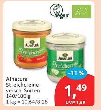 Alnatura Streichcreme versch. Sorten 140/180 g 1 kg = 10,64/8,28