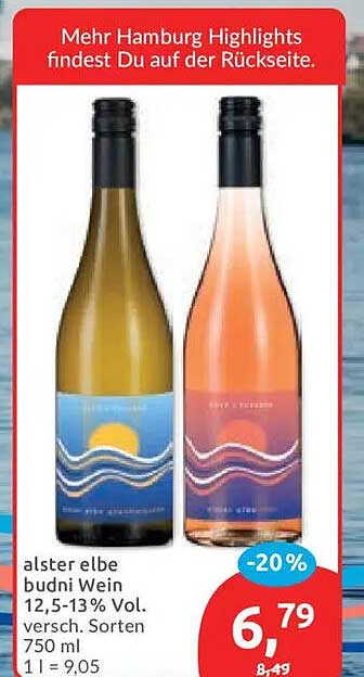 alster elbe budni Wein 12,5-13% Vol. versch. Sorten 750 ml 1 l = 9,05