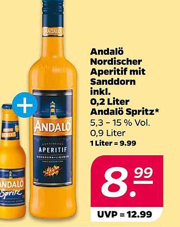 Andalö Nordischer Aperitif mit Sanddorn inkl. 0,2 Liter Andalö Spritz* 5,3 – 15 % Vol. 0,9 Liter 1Liter = 9.99