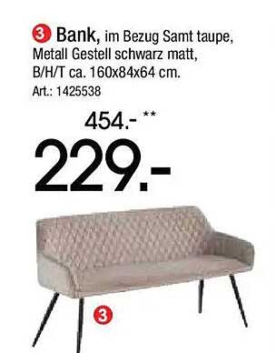 Bank, im Bezug Samt taupe, Metall Gestell schwarz matt, B/H/T ca. 160x84x64 cm. Art.: 1425538