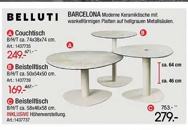 BARCELONA Moderne Keramiktische mit wankelförmigen Platten auf hellgrauen Metallsäulen.