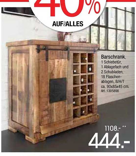 Barschrank, 1 Schiebetür, 1 Ablagefach und 2 Schubladen, 18 Flaschenablagen, B/H/T ca. 90x85x45 cm. Art.:1305898