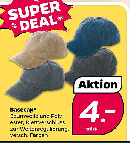Basecap* Baumwolle und Polyester, Klettverschluss zur Weitenregulierung, versch. Farben