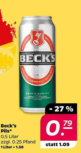Beck’s Pils* 0,5 Liter zzgl. 0,25 Pfand 1 Liter = 1,58