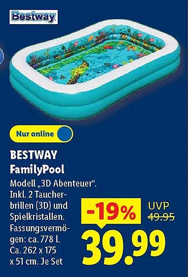 BESTWAY FamilyPool Modell „3D Abenteuer“. Inkl. 2 Taucherbrillen (3D) und Spielkristallen. Fassungsvermögen: ca. 778 l. Ca. 262 x 175 x 51 cm. Je Set