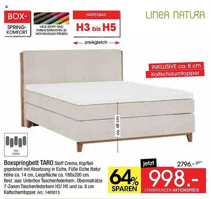 Boxspringbett TARO Stoff Crema, Kopfteil gepolstert mit Absetzung in Eiche, Füße Eiche Natur