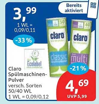 Claro Spülmaschinen-Pulver versch. Sorten 50/40 WL 1 WL = 0,09/0,12