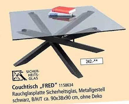 Couchtisch „FRED“ 1158634 Rauchglasplatte Sicherheitsglas, Metallgestell schwarz, B/H/T ca. 90x38x90 cm, ohne Deko