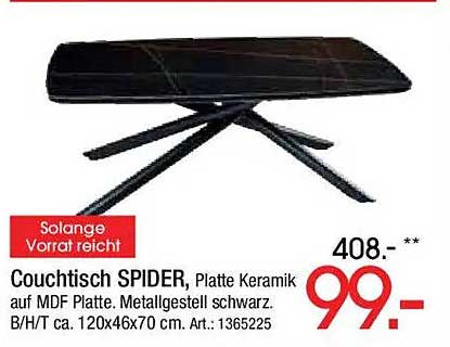 Couchtisch SPIDER, Platte Keramik auf MDF Platte. Metallgestell schwarz.