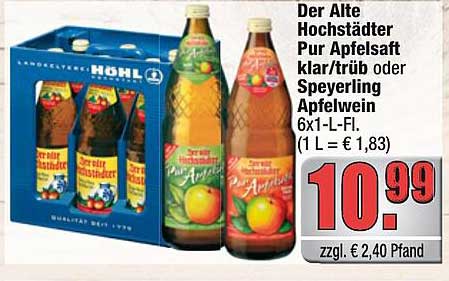 Der Alte Hochstädter Pur Apfelsaft klar/trüb oder Speyerling Apfelwein 6x1-L-Fl. (1 L = € 1,83)