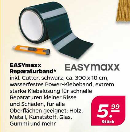 EASYmaxx Reparaturband* inkl. Cutter, schwarz, ca. 300 x 10 cm, wasserfestes Power-Klebeband, extrem starke Klebelösung für schnelle Reparaturen kleiner Risse und Schäden, für alle Oberflächen geeignet: Holz, Metall, Kunststoff, Glas, Gummi und mehr