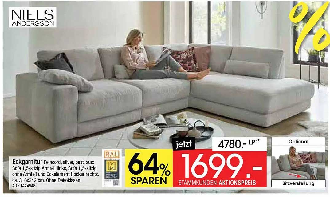 Eckgarnitur Feincord, silver, best. aus: Sofa 1,5-sitzig Armteil links, Sofa 1,5-sitzig ohne Armteil und Eckelement Hocker rechts, ca. 316x242 cm, Ohne Dekokissen.