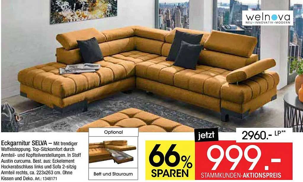 Eckgarnitur SELVA – Mit trendiger Waffelsteppung. Top-Sitzkomfort durch Armteil- und Kopfteilverstellungen. In Stoff Austin curcuma. Best. aus: Eckelement Hockerabschluss links und Sofa 2-sitzig Armteil rechts, ca. 223x263 cm. Ohne Kissen und Deko. Art.: 