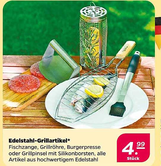 Edelstahl-Grillartikel* Fischzange, Grillröhre, Burgerpresse oder Grillpinsel mit Silikonborsten, alle Artikel aus hochwertigem Edelstahl