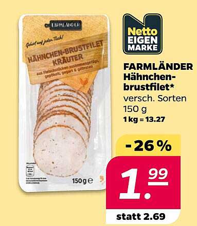 FARMLÄNDER Hähnchen-brustfilet* versch. Sorten 150 g 1kg = 13.27