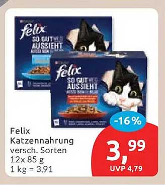Felix Katzennahrung versch. Sorten 12 x 85 g 1 kg = 3,91