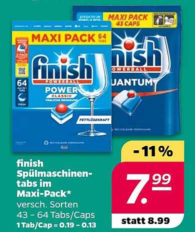 finish Spülmaschinen-tabs im Maxi-Pack* versch. Sorten 43 - 64 Tabs/Caps 1Tab/Cap = 0.19 - 0.13