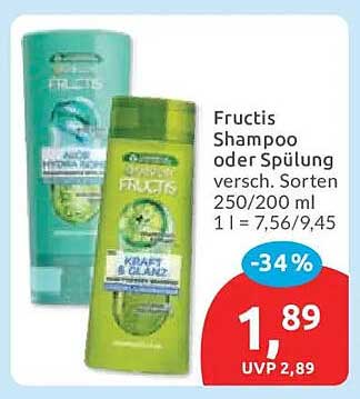 Fructis Shampoo oder Spülung versch. Sorten 250/200 ml 1 l = 7,56/9,45