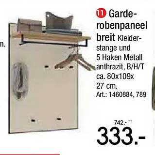 Garde-robepaneel breit Kleider-stange und 5 Haken Metall anthrazit, B/H/T ca. 80x109x 27 cm. Art.: 1460884, 789