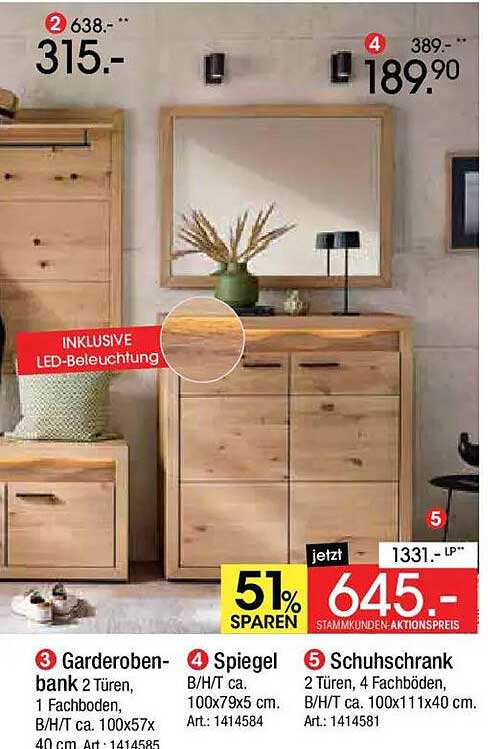 Garderobenbank 2 Türen, 1 Fachboden, B/H/T ca. 100x57x