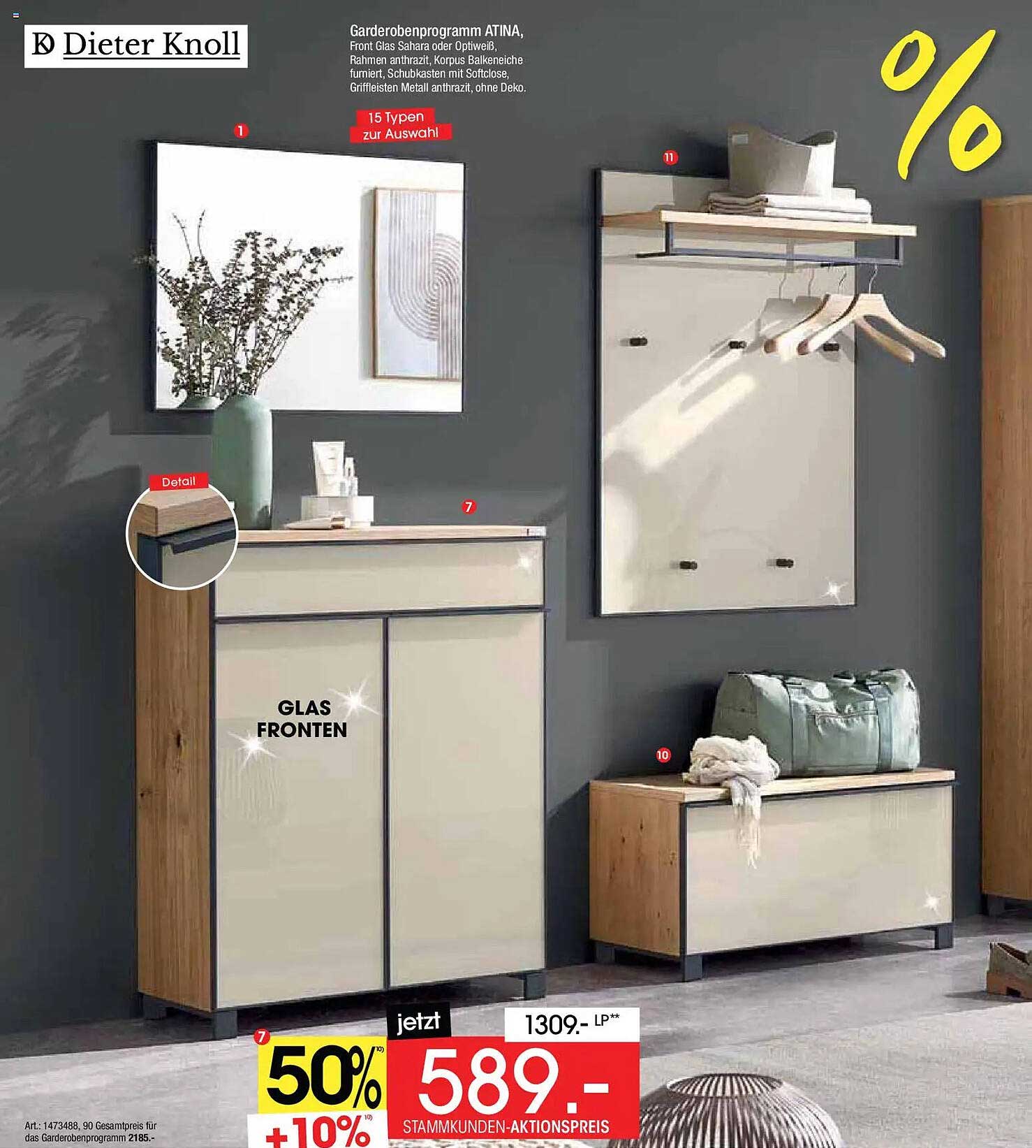 Garderobenprogramm ATINA, Front Glas Sahara oder Optiweiß, Rahmen anthrazit, Korpus Balkeneiche furniert, Schubkasten mit Softclose, Grifflleisten Metall anthrazit, ohne Deko.