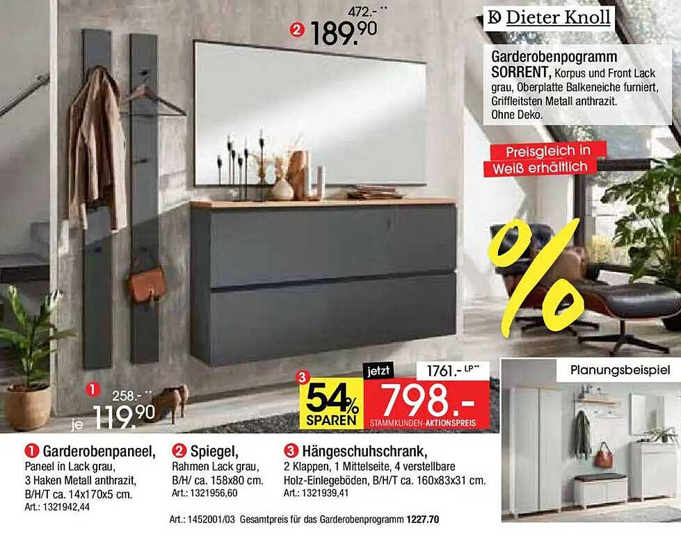 Garderobenprogramm SORRENT, Korpus und Front Lack grau, Oberplatte Balkeneiche furniert, Griffleisten Metall anthrazit. Ohne Deko.