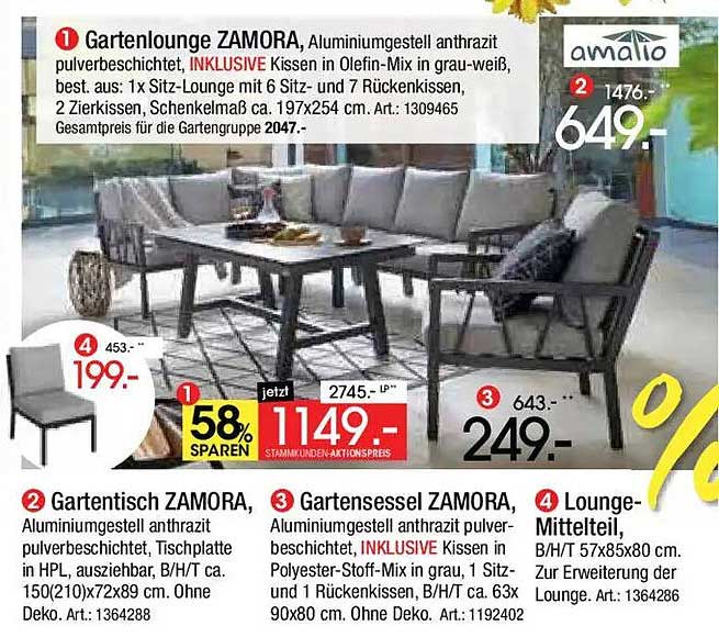 Gartenlounge ZAMORA, Aluminiumgestell anthrazit pulverbeschichtet, INKLUSIVE Kissen und Olefin-Mix in grau, best. aus: 1x Sitz-Lounge mit 6 Sitz- und 7 Rückenkissen, 2 Zierkissen, Schenkelmaß ca. 197x254 cm. Art.: 1309465 Gesamtpreis für die Gartengruppe