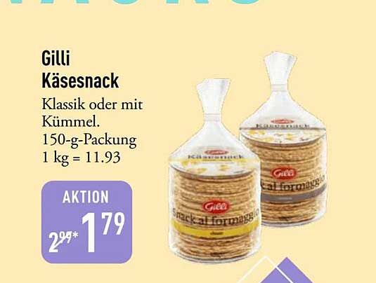 Gilli Käsesnack Klassik oder mit Kümmel. 150-g-Packung 1 kg = 11.93