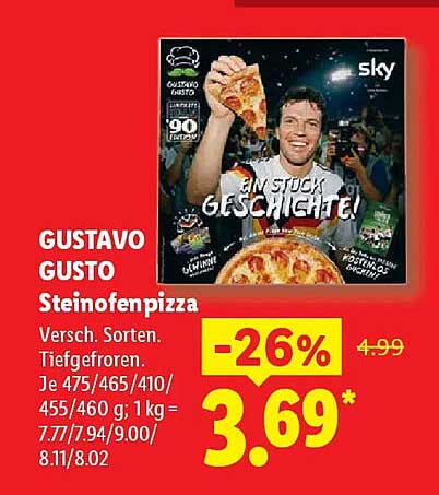 GUSTAVO GUSTO Steinofenpizza Versch. Sorten. Tiefgefroren. Je 475/465/410/455/460 g; 1 kg = 7.77/7.94/9.00/8.11/8.02