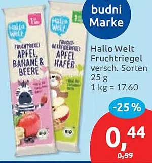 Hallo Welt Fruchtriegel versch. Sorten 25 g 1 kg = 17,60