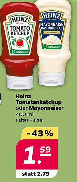 Heinz Tomatenketchup oder Mayonnaise* 400 ml 1 Liter = 3.98