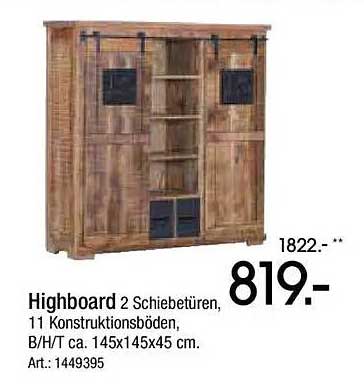 Highboard 2 Schiebetüren, 11 Konstruktionsböden, B/H/T ca. 145x145x45 cm. Art.: 1449395