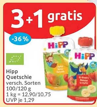 Hipp Quetschie versch. Sorten 100/120 g 1 kg = 12,90/10,75 UVP 1,29