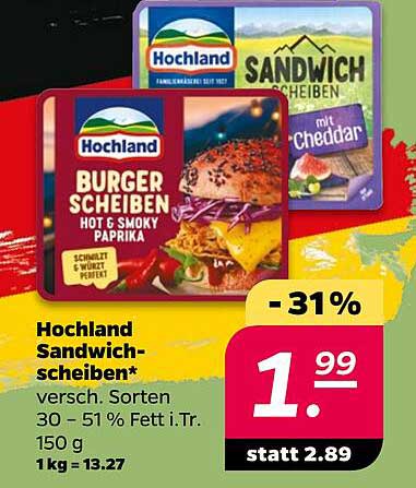 Hochland Sandwichscheiben* versch. Sorten 30 - 51 % Fett i.Tr. 150 g
