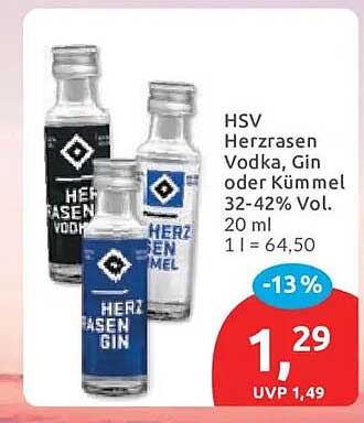 HSV Herzrasen Vodka, Gin oder Kümmel 32-42% Vol. 20 ml 1 l = 64,50