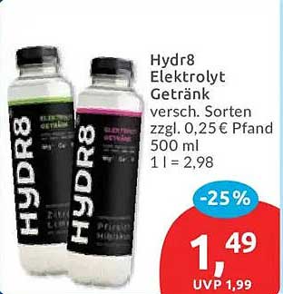 Hydr8 Elektrolyt Getränk versch. Sorten zzgl. 0,25€ Pfand 500 ml 1 l = 2,98
