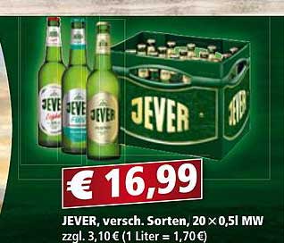 JEVER, versch. Sorten, 20 x 0,5l MW zzgl. 3,10 € (1 Liter = 1,70 €)
