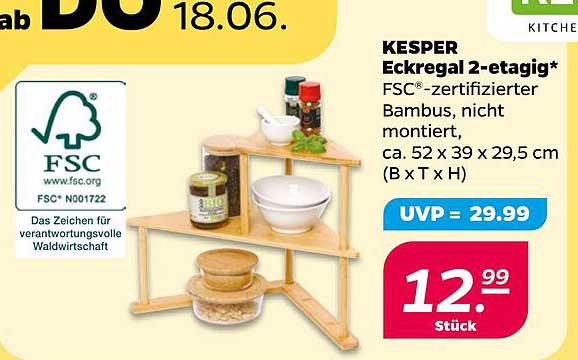 KESPER Eckregal 2-etagig* FSC®-zertifizierter Bambus, nicht montiert, ca. 52 x 39 x 29,5 cm (B x T x H)