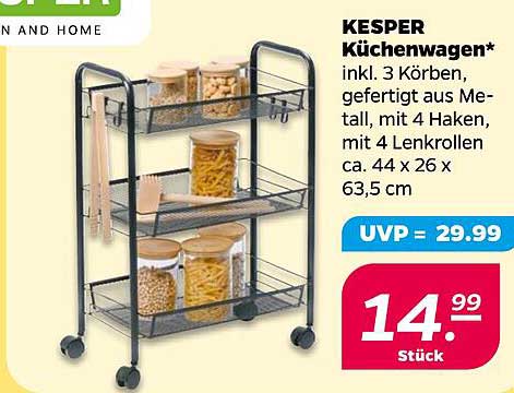 KESPER Küchenwagen* inkl. 3 Körben, gefertigt aus Metall, mit 4 Haken, mit 4 Lenkrollen ca. 44 x 26 x 63,5 cm