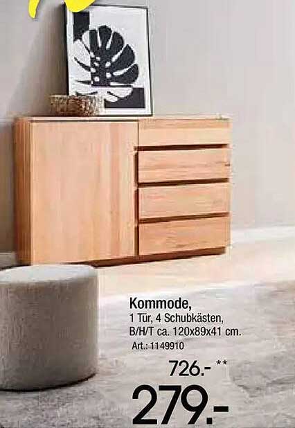 Kommode, 1 Tür, 4 Schubkästen, B/H/T ca. 120x89x41 cm, Art.: 1149910