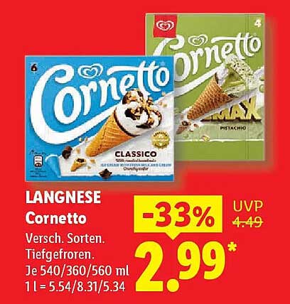 LANGNESE Cornetto Versch. Sorten. Tiefgefroren.