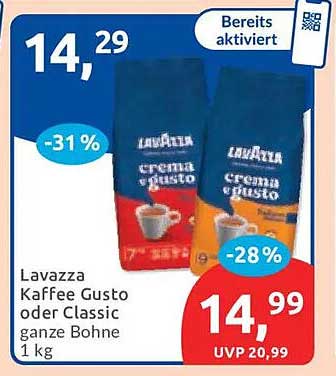 Lavazza Kaffee Gusto oder Classico ganze Bohne 1 kg
